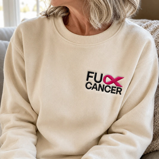 Fck Cancer Pink Ribbon Embroidered Unisex Crewneck Sweatshirt, Breast Cancer Awareness Gift
