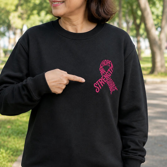 Hope Love Strength Courage Pink Ribbon Embroidered Unisex Crewneck Sweatshirt, Breast Cancer Awareness Gift