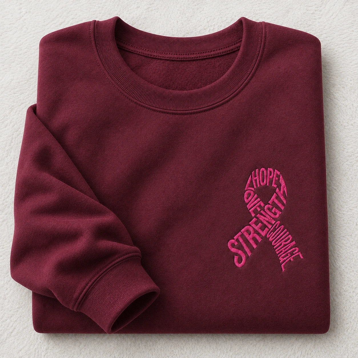 Hope Love Strength Courage Pink Ribbon Embroidered Unisex Crewneck Sweatshirt, Awareness Gift