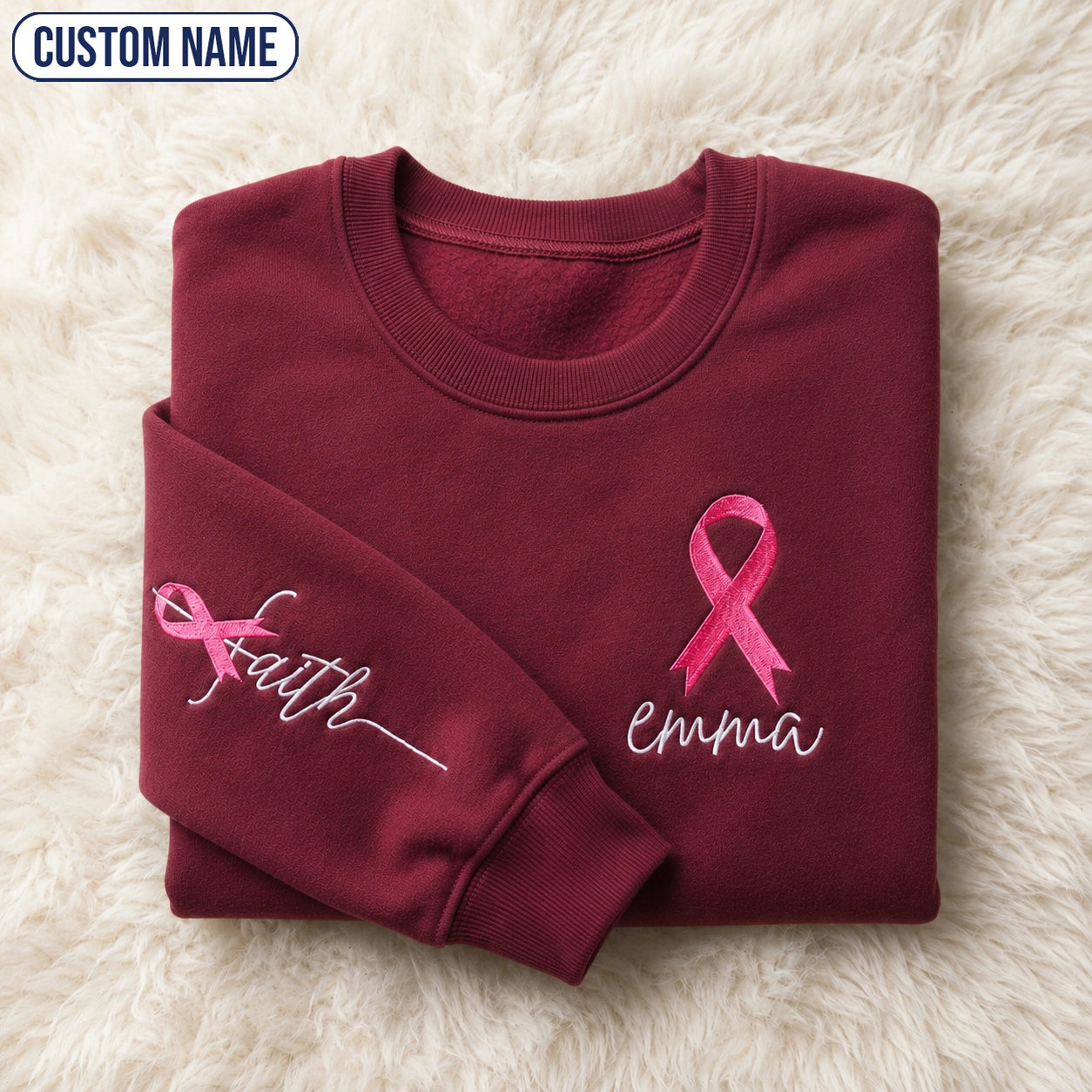 Personalized Faith Pink Ribbon Embroidered Unisex Crewneck Sweatshirt, Awareness Gift