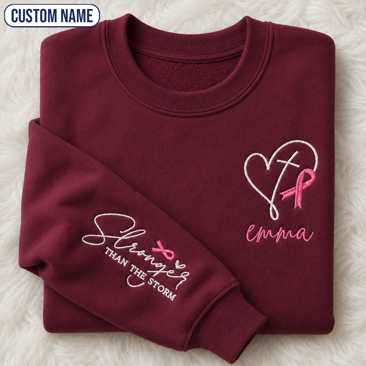 Personalized Stronger Than The Storm Embroidered Unisex Crewneck Sweatshirt, Pink Ribbon Awareness Gift