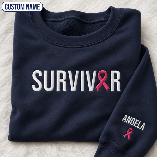 Personalized Survivor Embroidered Unisex Crewneck Sweatshirt, Pink Ribbon Awareness Gift