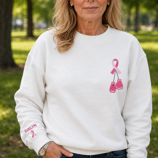 Personalized Pink Ribbon and Boxing Gloves Embroidered Unisex Crewneck Sweatshirt, Awareness Gift