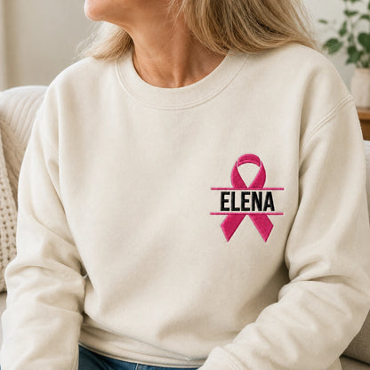 Personalized Pink Ribbon Embroidered Unisex Crewneck Sweatshirt, Breast Cancer Awareness Gift