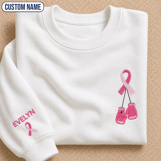 Personalized Pink Ribbon and Boxing Gloves Embroidered Unisex Crewneck Sweatshirt, Awareness Gift