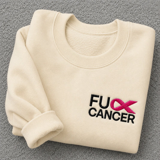 Fck Cancer Pink Ribbon Embroidered Unisex Crewneck Sweatshirt, Breast Cancer Awareness Gift