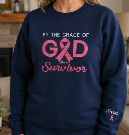 Personalized By the Grace of God Embroidered Unisex Crewneck Sweatshirt, Pink Ribbon Awareness Gift