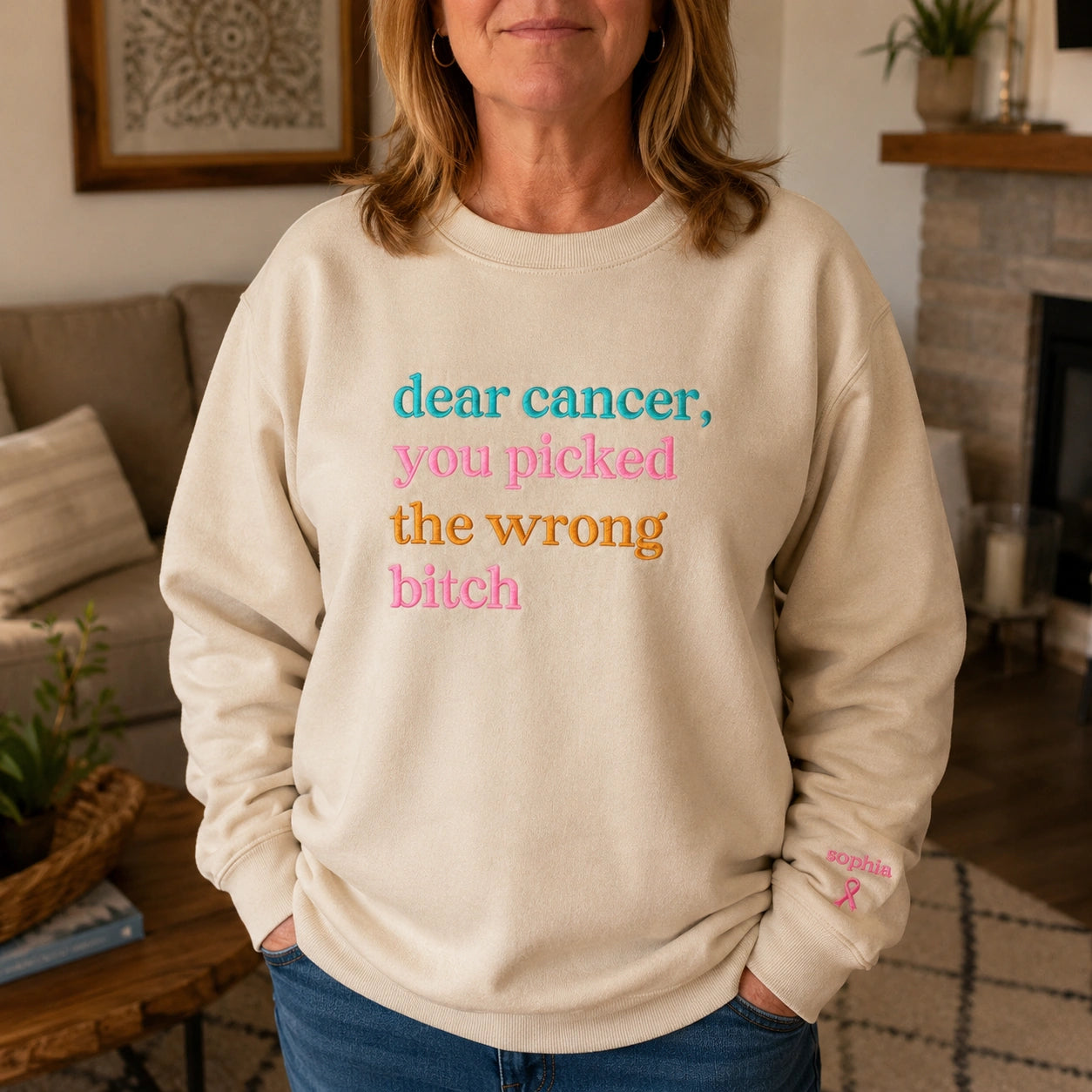 Personalized You Picked The Wrong B*tch Embroidered Unisex Crewneck Sweatshirt, Pink Ribbon Awareness Gift
