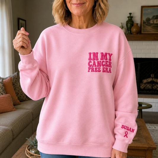 Personalized In My Free Era Pink Ribbon Embroidered Unisex Crewneck Sweatshirt, Awareness Gift
