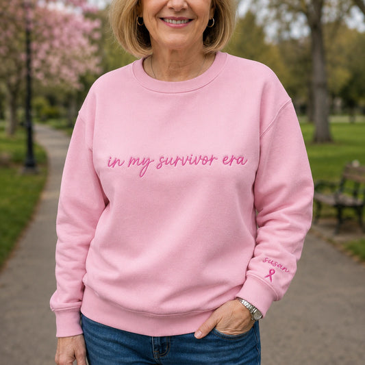 Personalized In My Survivor Era V2 Embroidered Unisex Crewneck Sweatshirt, Pink Ribbon Awareness Gift