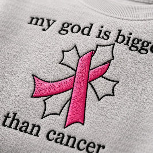 Personalized My God Is Bigger Embroidered Unisex Crewneck Sweatshirt, Pink Ribbon Awareness Gift