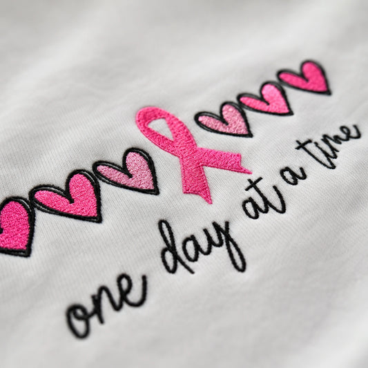 Personalized One Day At A Time Embroidered Unisex Crewneck Sweatshirt, Breast Cancer Awareness Gift