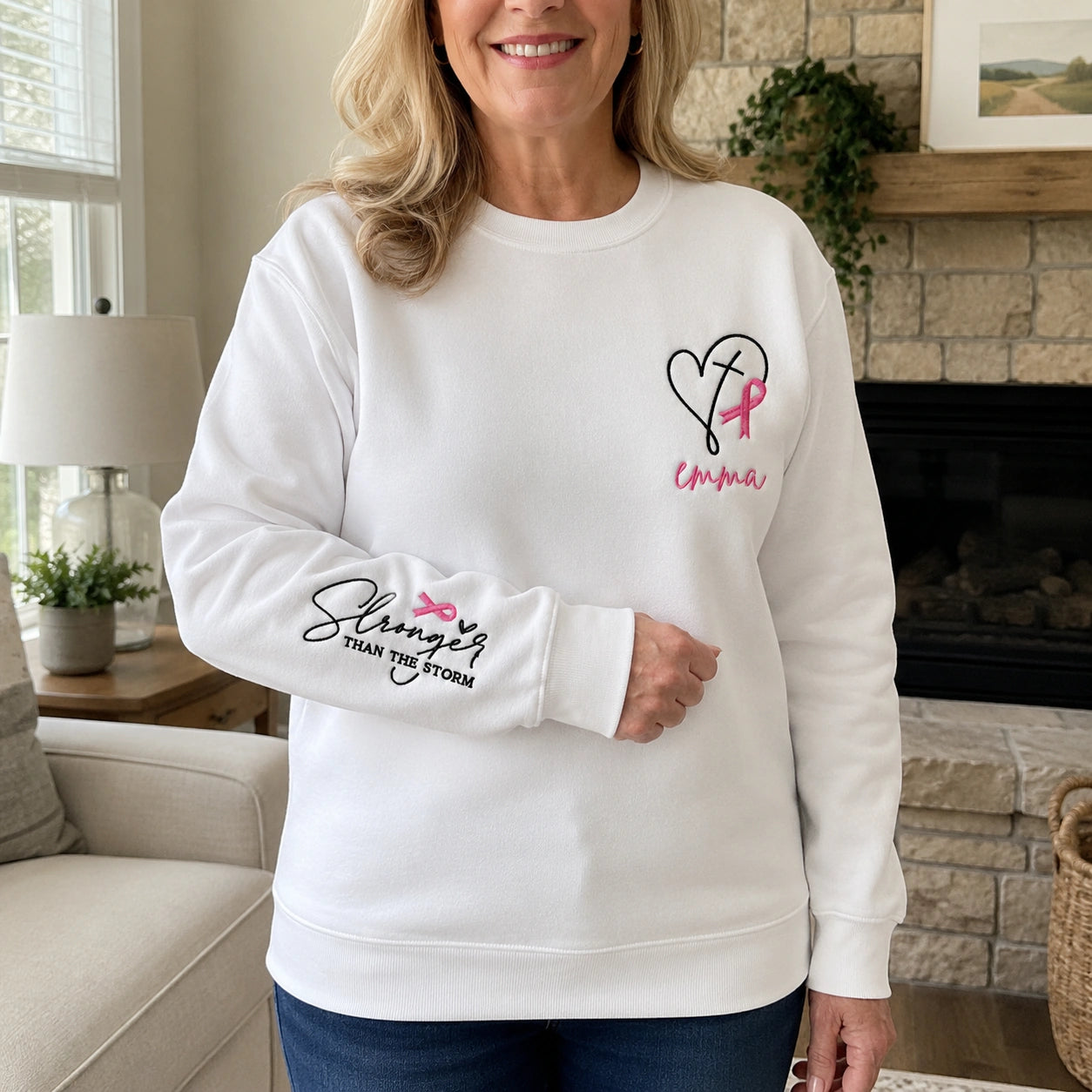 Personalized Stronger Than The Storm Embroidered Unisex Crewneck Sweatshirt, Pink Ribbon Awareness Gift
