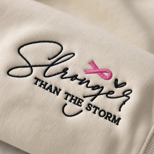 Personalized Stronger Than The Storm Pink Ribbon Embroidered Unisex Crewneck Sweatshirt, Breast Cancer Awareness Gift