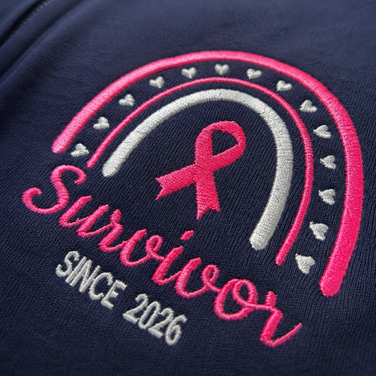 Personalized Survivor Pink Ribbon Name & Year Embroidered Unisex Quarter Zip Sweatshirt, Awareness Gift