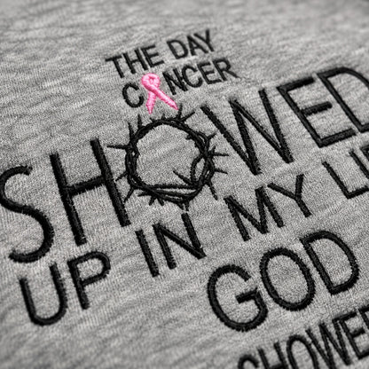Personalized God Showed Up Bigger Pink Ribbon Embroidered Unisex Crewneck Sweatshirt, Awareness Gift