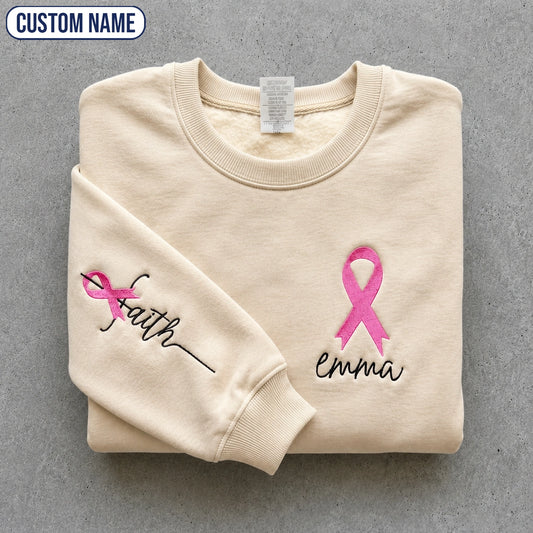 Personalized Faith Pink Ribbon Breast Cancer Embroidered Unisex Crewneck Sweatshirt, Breast Cancer Awareness Gift