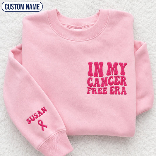 Personalized In My Free Era Pink Ribbon Embroidered Unisex Crewneck Sweatshirt, Awareness Gift