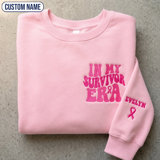 Personalized In My Survivor Era Embroidered Unisex Crewneck Sweatshirt, Pink Ribbon Awareness Gift