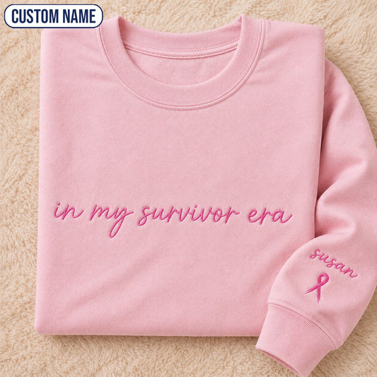Personalized In My Survivor Era V2 Embroidered Unisex Crewneck Sweatshirt, Pink Ribbon Awareness Gift