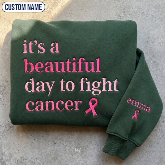 Personalized It's a Beautiful Day Embroidered Unisex Crewneck Sweatshirt, Pink Ribbon Awareness Gift