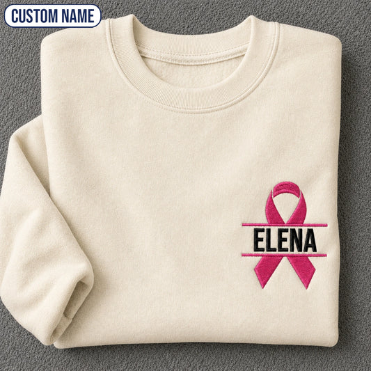 Personalized Pink Ribbon Embroidered Unisex Crewneck Sweatshirt, Breast Cancer Awareness Gift