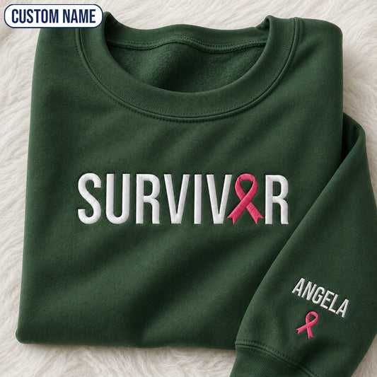 Personalized Survivor Embroidered Unisex Crewneck Sweatshirt, Pink Ribbon Awareness Gift