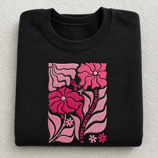 A Cure Worth Fighting For Embroidered Unisex Crewneck Sweatshirt, Breast Cancer Awareness Gift