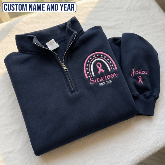 Personalized Survivor Pink Ribbon Name & Year Embroidered Unisex Quarter Zip Sweatshirt, Awareness Gift